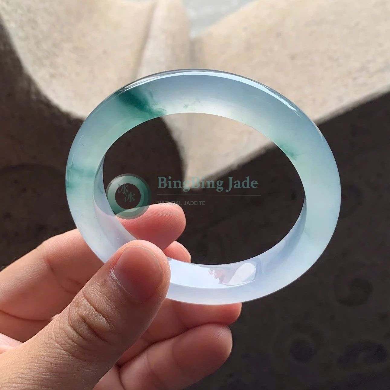 Icy Glacial Bangle with Floating Emerald Wisps 59.5mm