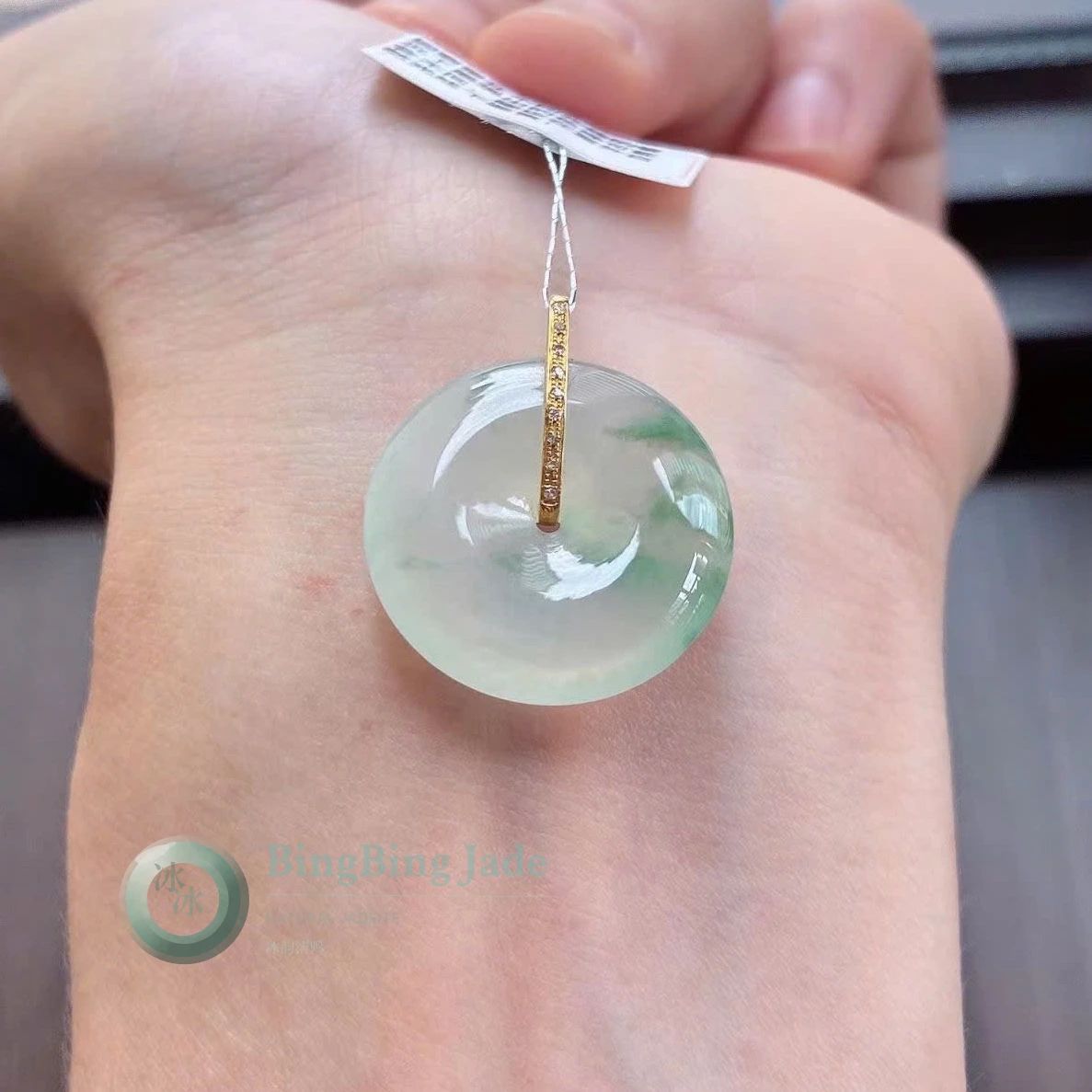 Icy Celadon Donut Pendant with Floating Green in 18K Gold Bail
