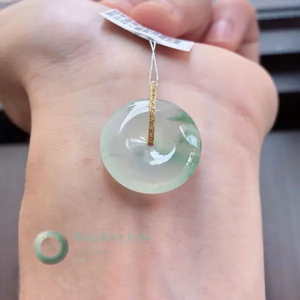 Icy Celadon Donut Pendant with Floating Green in 18K Gold Bail