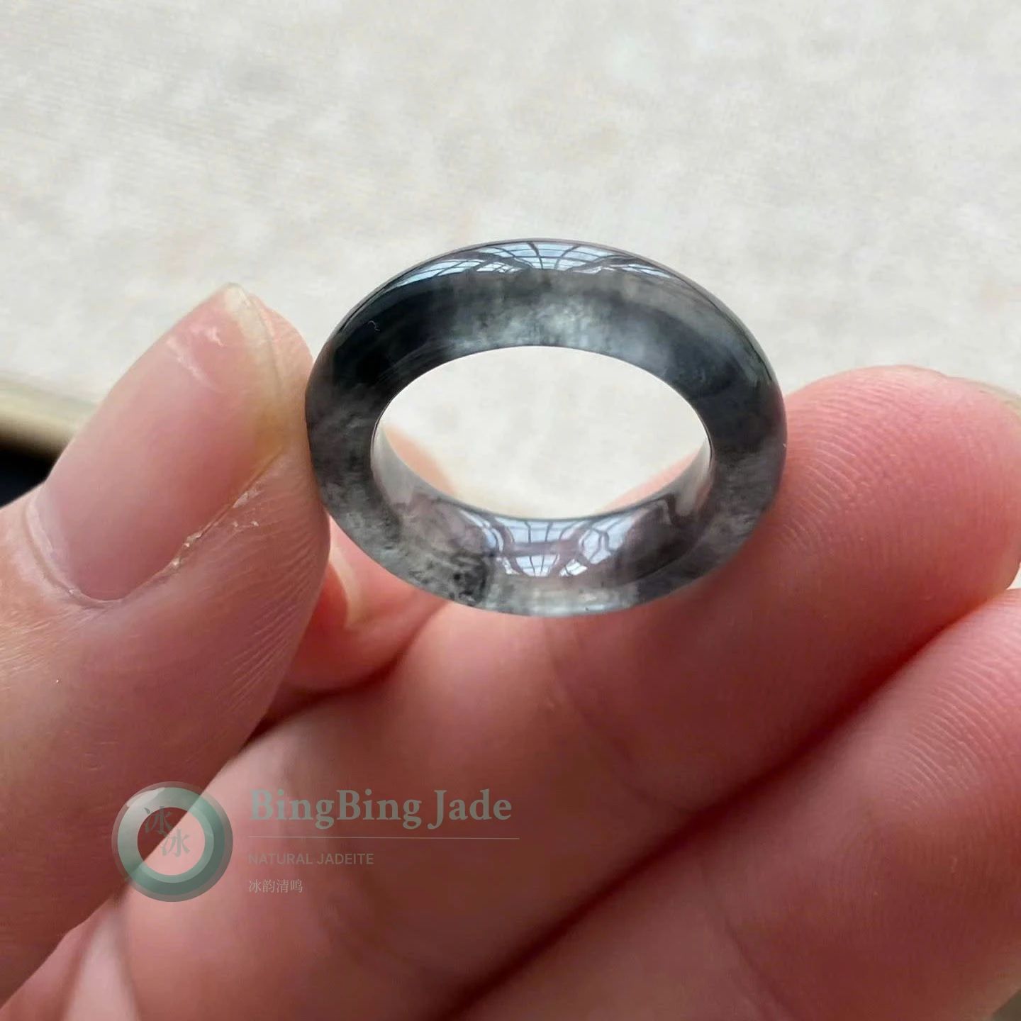 Smoky Ice Jadeite Ring — Floating Charcoal Veil