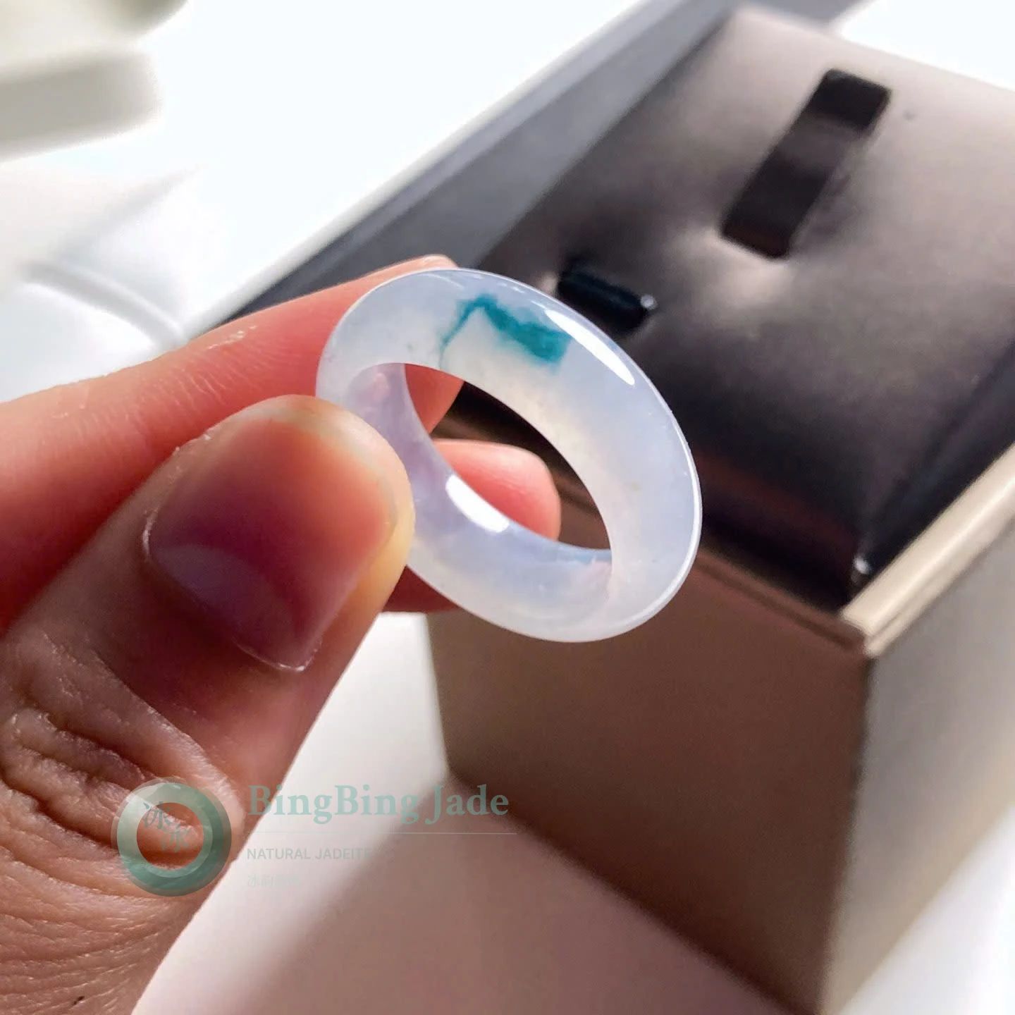 Icy Lavender Jadeite Ring with Floating Blue Bloom — 17.2mm