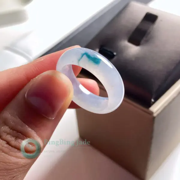 Icy Lavender Jadeite Ring with Floating Blue Bloom — 17.2mm