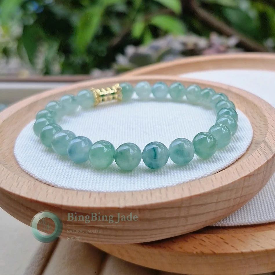 Icy Celadon with Floating Moss Veils — Jadeite Bead Bracelet 7.8mm