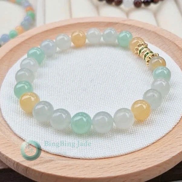 Icy Tri-Color Jadeite Bracelet 7.8mm — Soft Greens with Honey Glow
