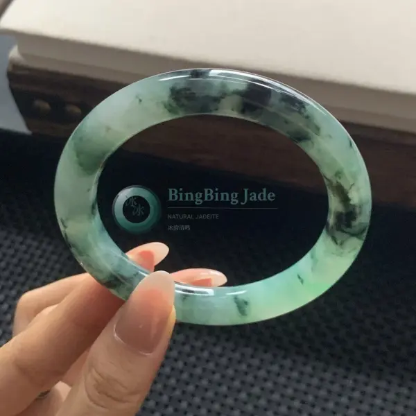 Ink-Wash Landscape Floating Flower Jadeite Bangle 56.5mm