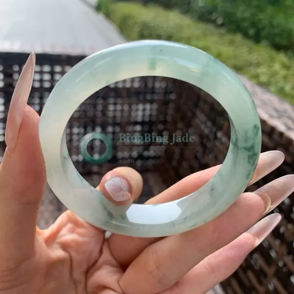 Icy Pale Celadon with Floating Green Wisps Bangle 55mm