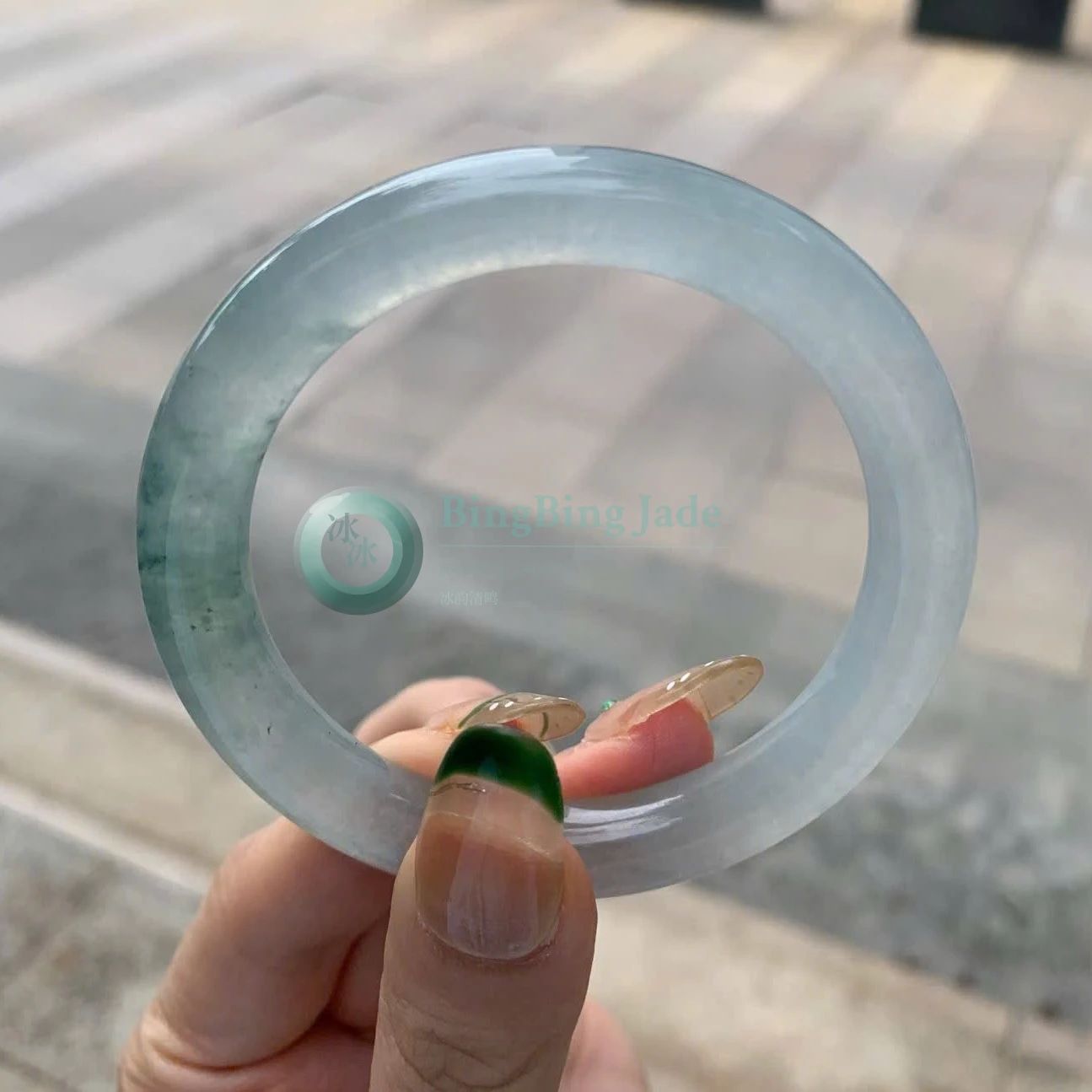 Icy Blue Floating Flower Jadeite Bangle 53mm