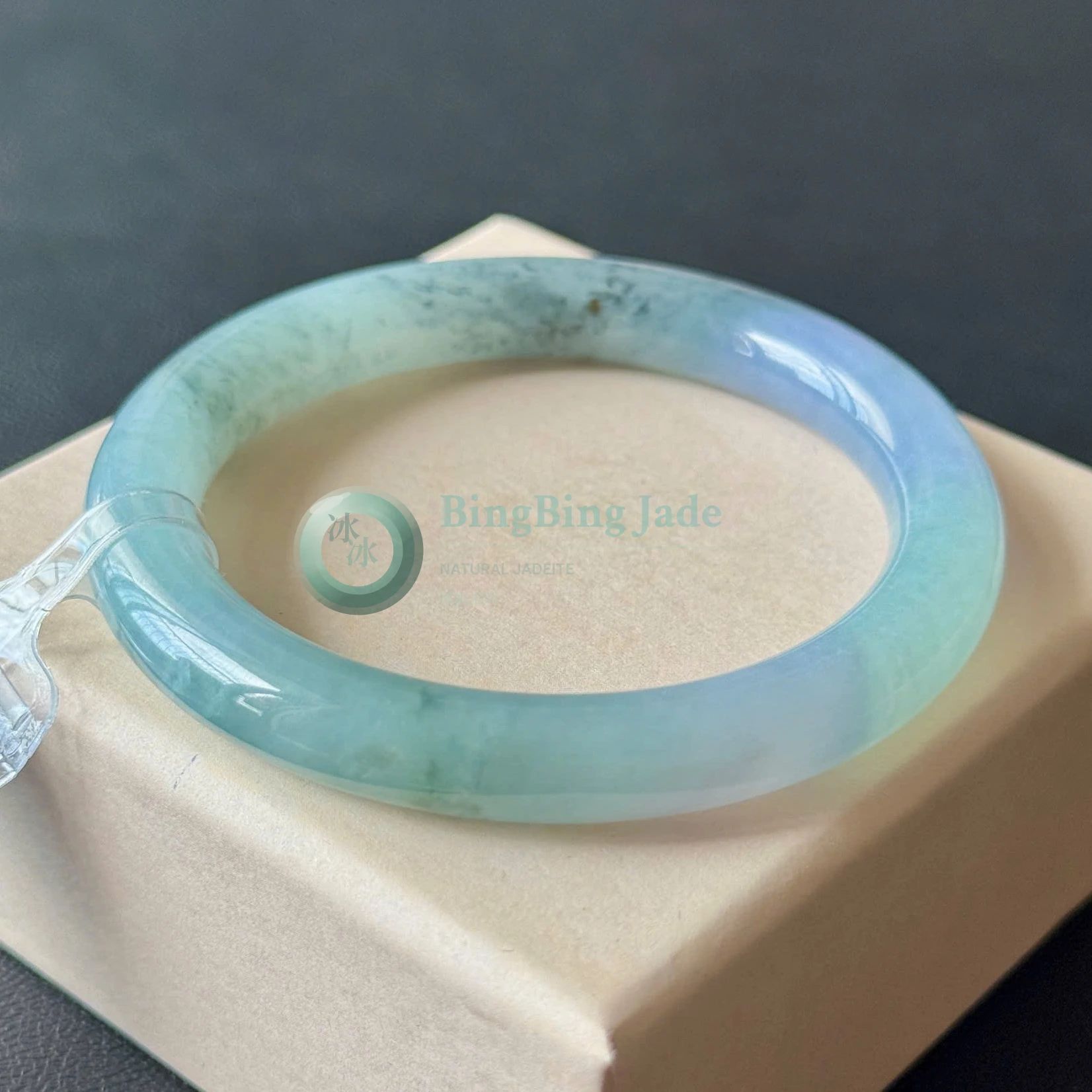 Aqua Jelly Bangle with Drifting Green Veils — 56mm