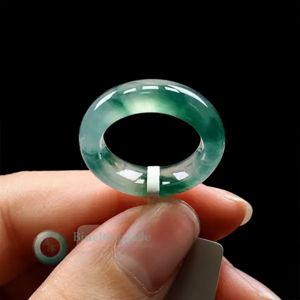 Icy Seafoam with Drifting Emerald Veils — Jadeite Ring 15.5mm
