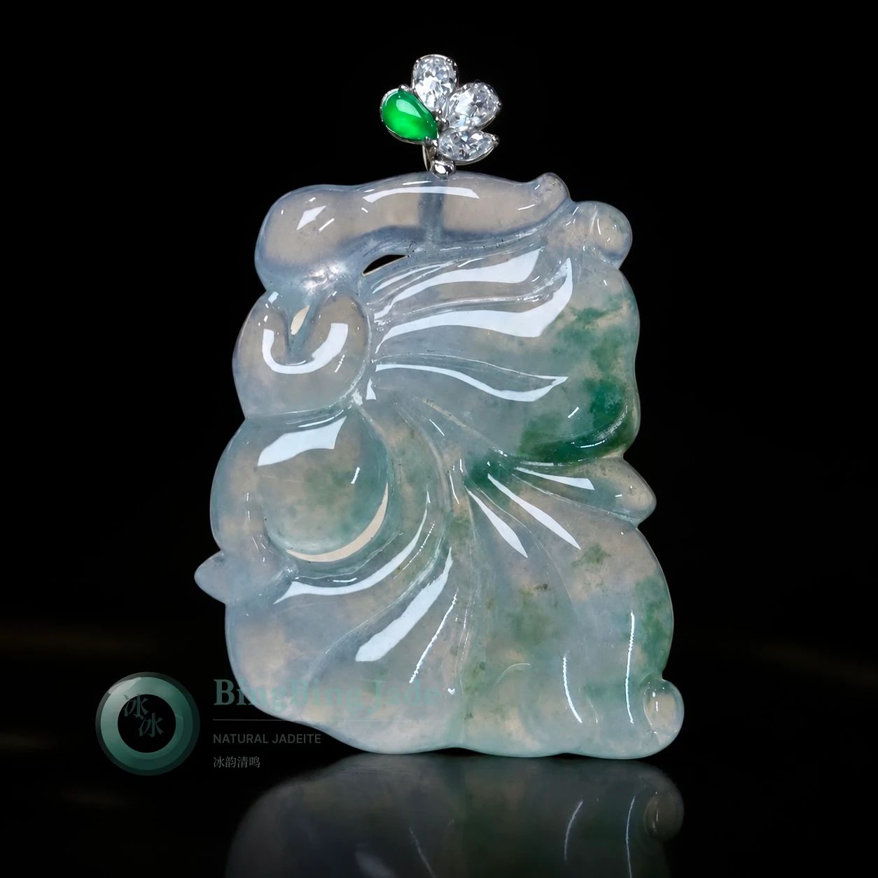 Icy Ethereal Butterfly Pendant 27mm — Drifting Green on Moonlit Translucency