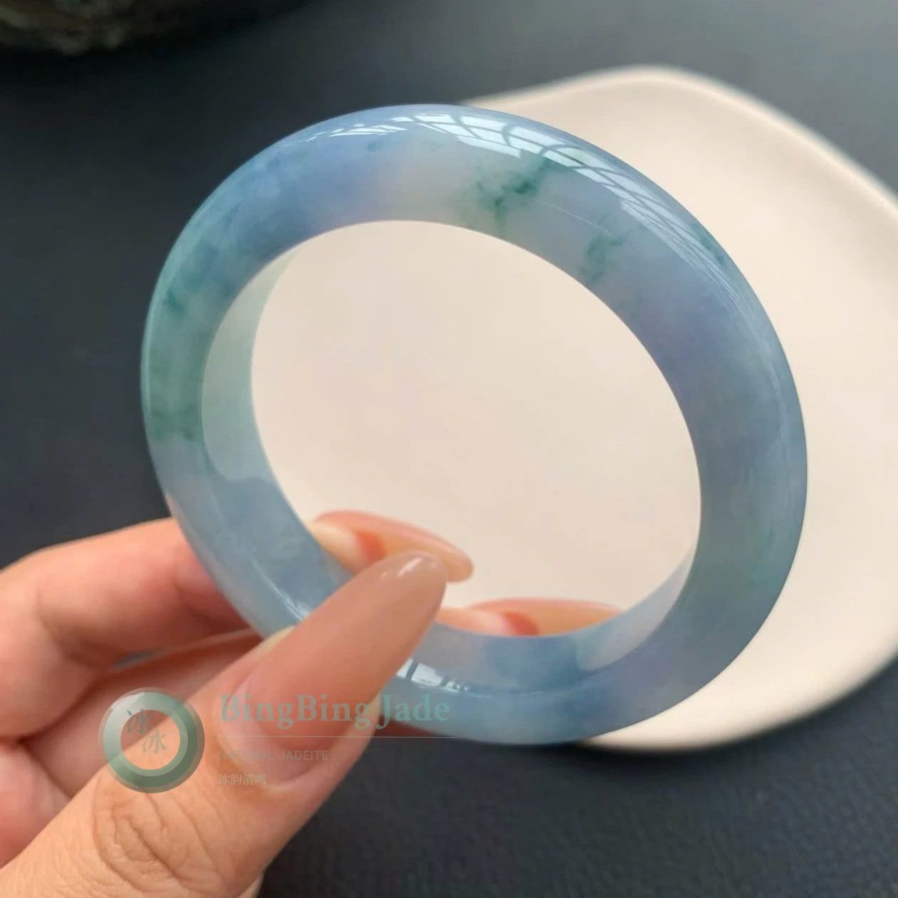 Lavender-Blue Floating Green Jadeite Bangle 50mm