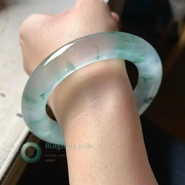 High Icy Glass Bangle with Floating Emerald Clouds 55.5mm