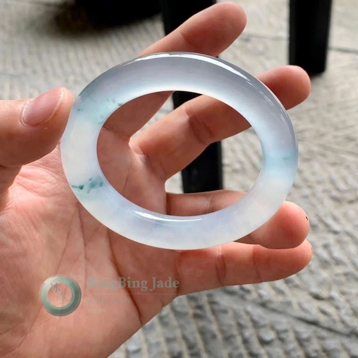 High Icy Glass Translucency with Floating Blue-Green Wisps Bangle 53mm