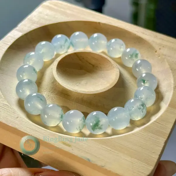 Icy Dew with Floating Moss — Jadeite Bead Bracelet 10mm