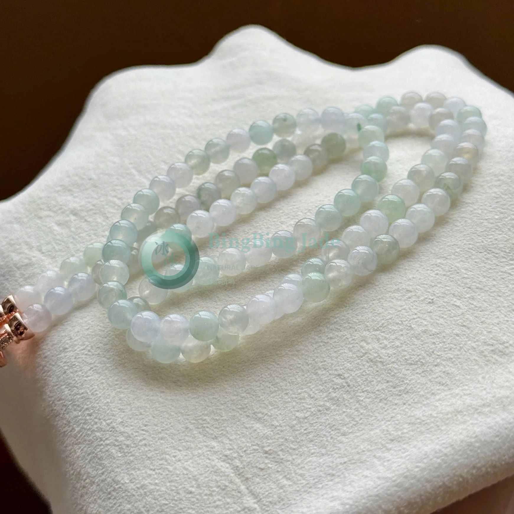 Icy Celadon Multi-Strand Beaded Jadeite Bracelet with Rose Gold Clasp