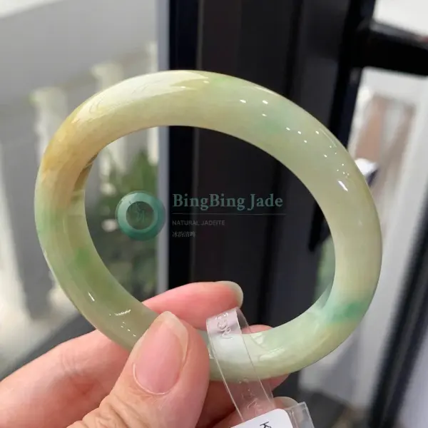 Honey-Kissed Celadon Bangle with Floating Green Whispers 52mm