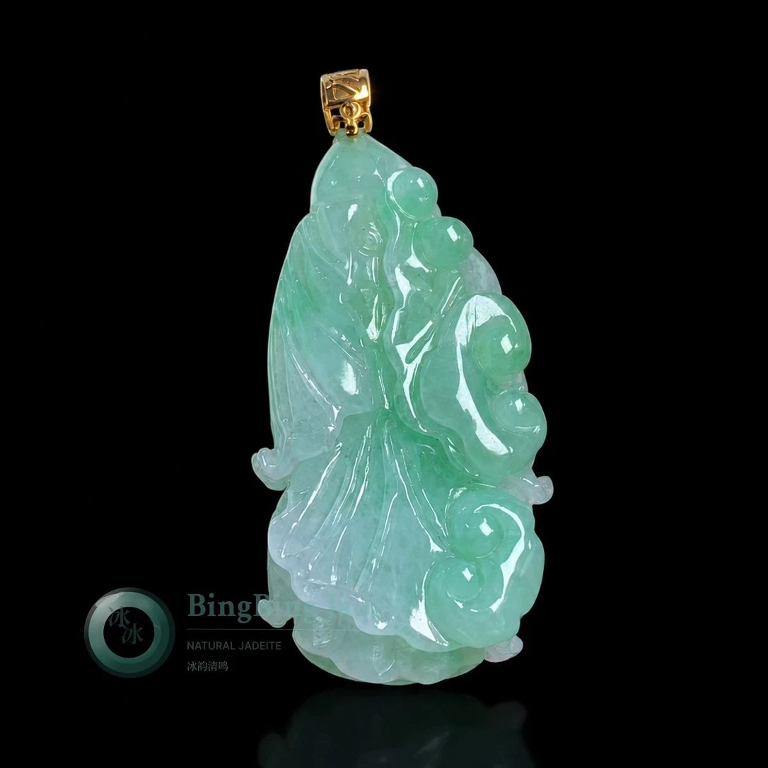 Jade Cabbage Pendant with Verdant Flush and 18K Gold Bail