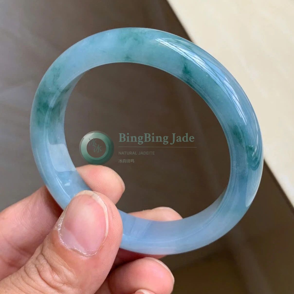 Monet Blue Water Bangle with Floating Green Clouds 57mm