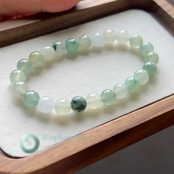 Spring Mist Jadeite Bead Bracelet — Soft Green with Floating Moss