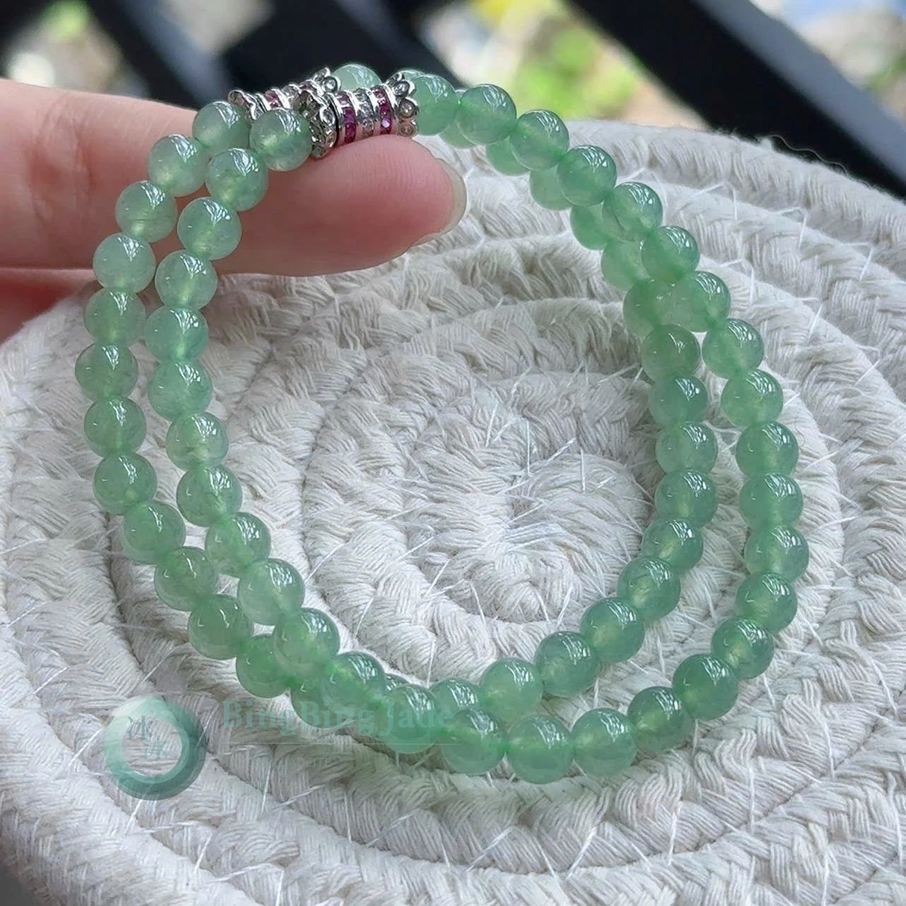 Spring Dew Translucent Jadeite Bead Bracelet — Soft Icy Green Double Wrap