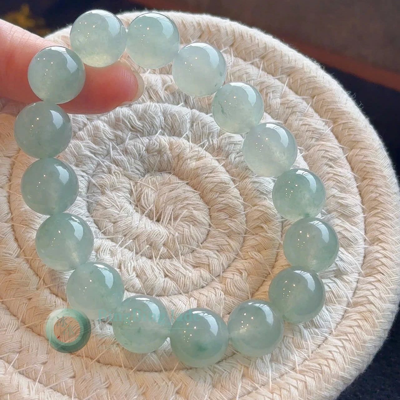 Icy Celadon Glow Jadeite Bead Bracelet 12.7mm