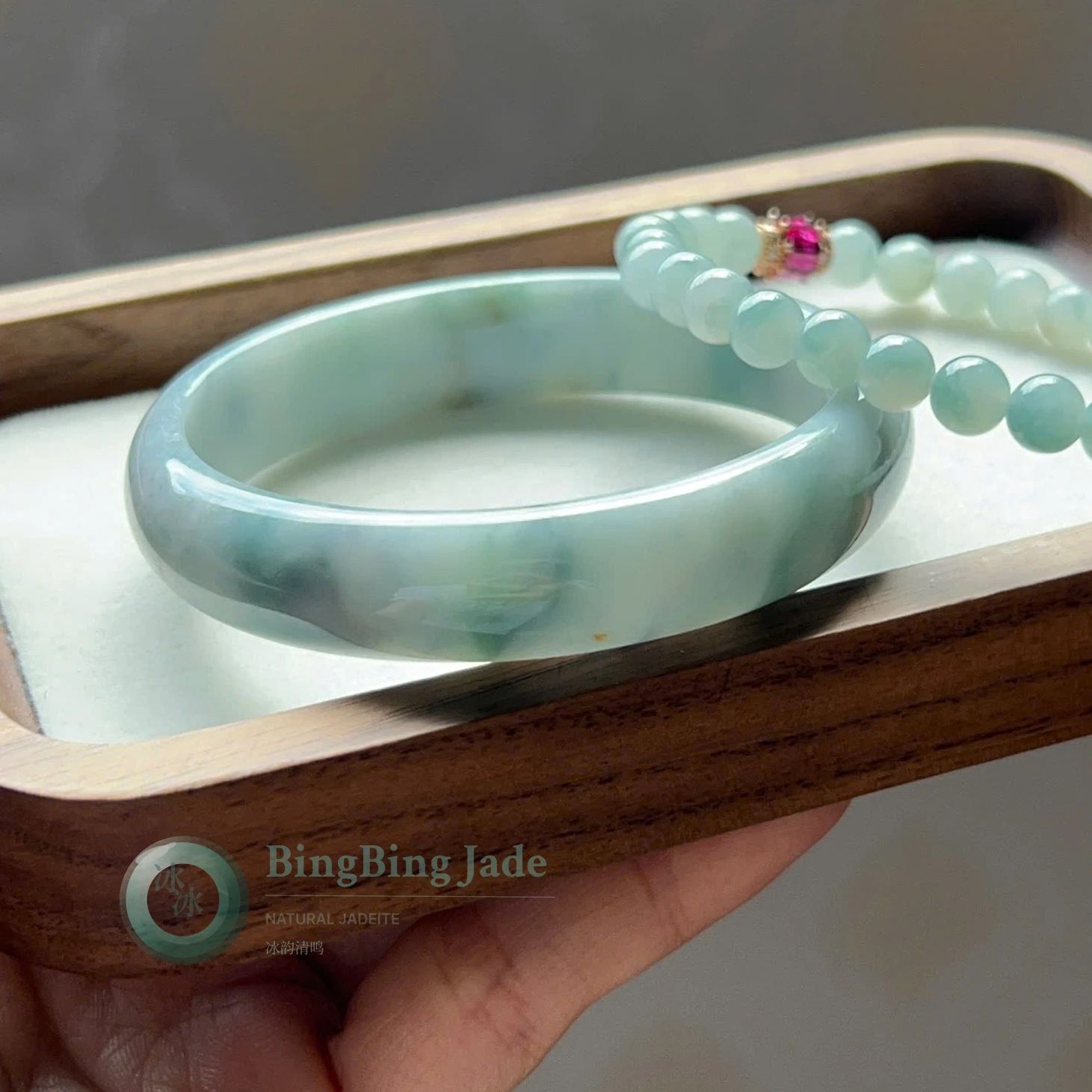 Misty Celadon with Floating Teal Veils — Jadeite Bangle 56.7mm