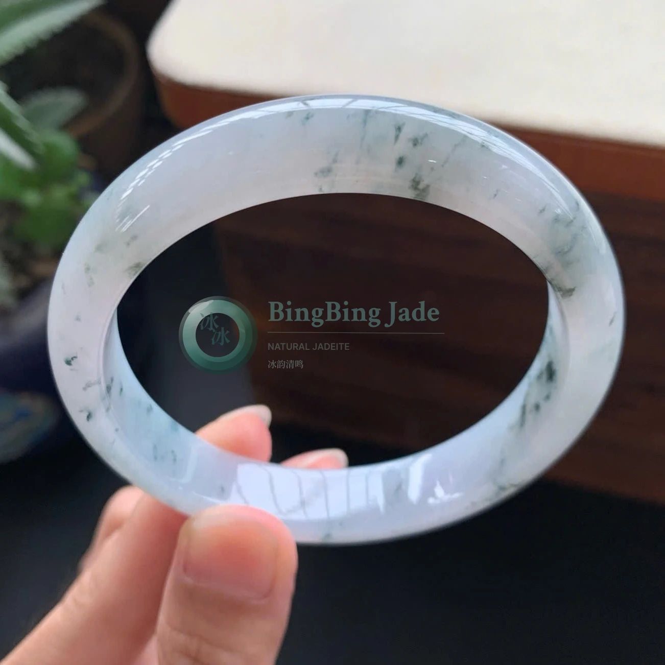 Moonlight White Bangle with Scattered Moss Wisps 59mm