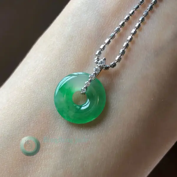 Vivid Apple Green Jadeite Donut Pendant on Diamond Bail