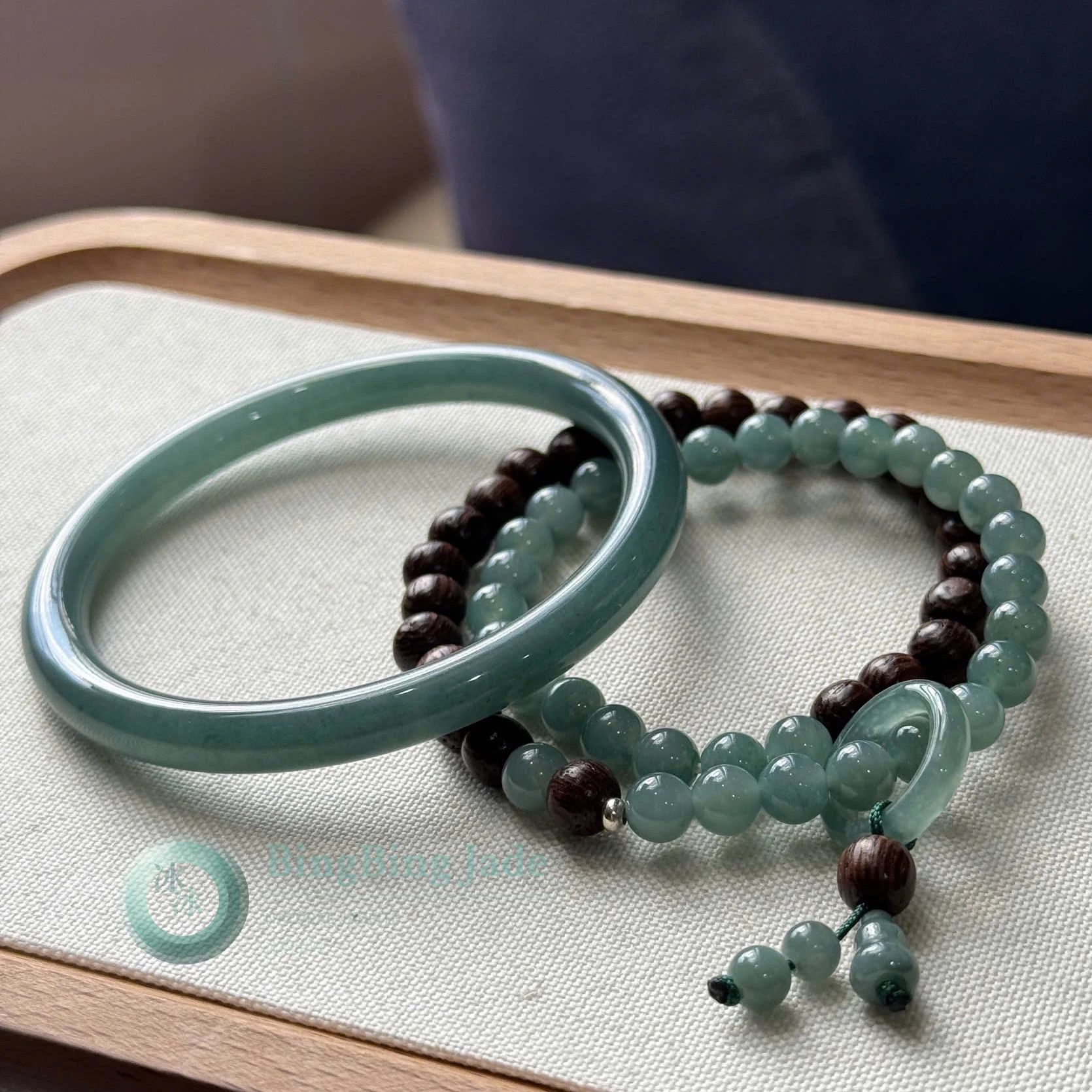 Misty Celadon Jadeite Bangle & Agarwood Mala Set 56mm