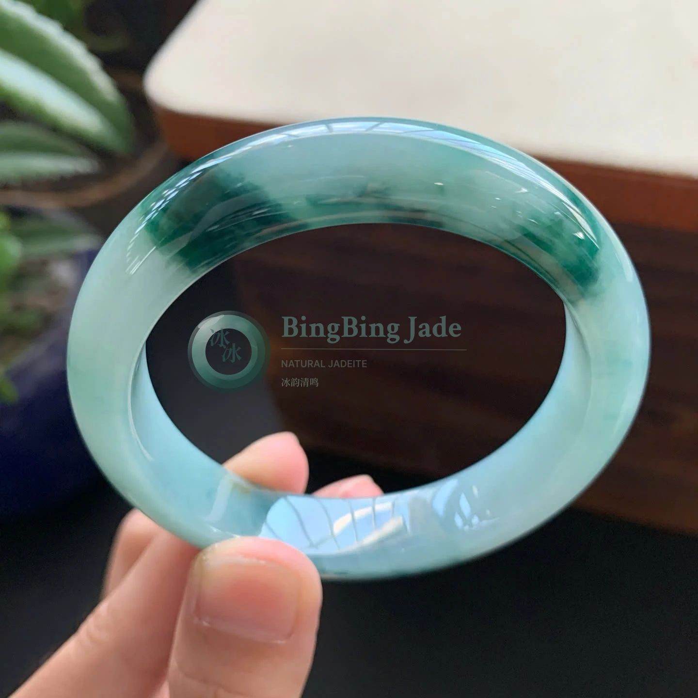 Pale White-Blue with Floating Emerald Clouds Bangle 53.7mm