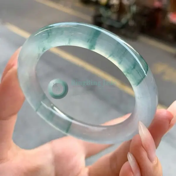 High Icy Floating Blossom Bangle 52mm — Glacial Translucency with Drifting Green Veils