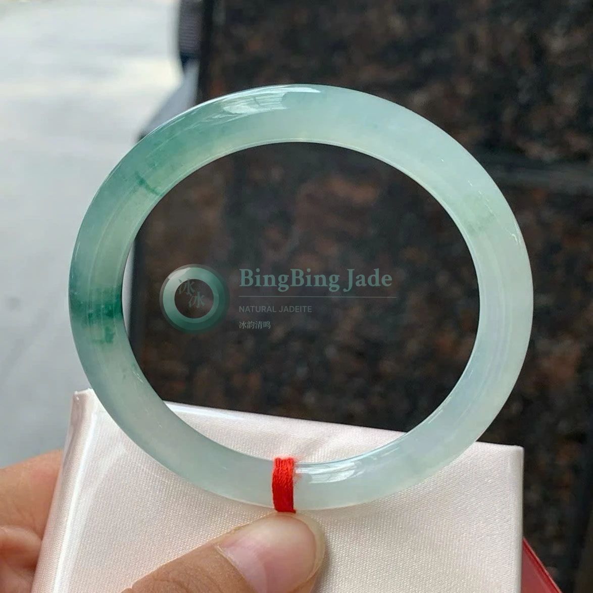 Icy Celadon with Floating Emerald Clouds — Round Bar Bangle 51.8mm