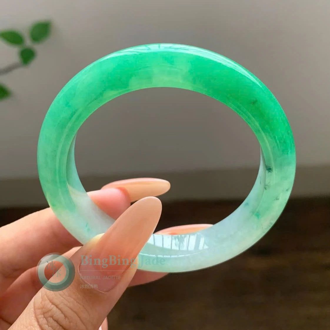 Vivid Spring Green Floating Color Jadeite Bangle 51mm