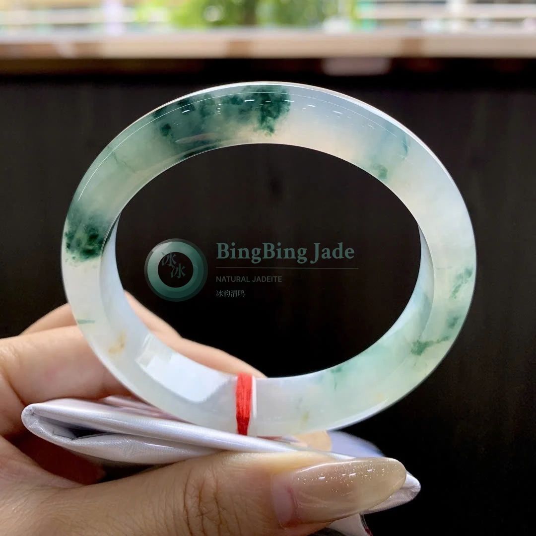 Icy Translucent Bangle with Floating Emerald Clouds 56mm