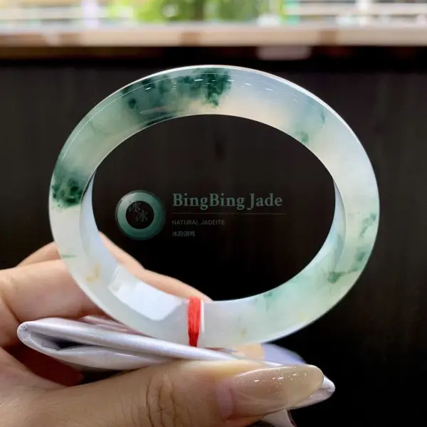 Icy Translucent Bangle with Floating Emerald Clouds 56mm