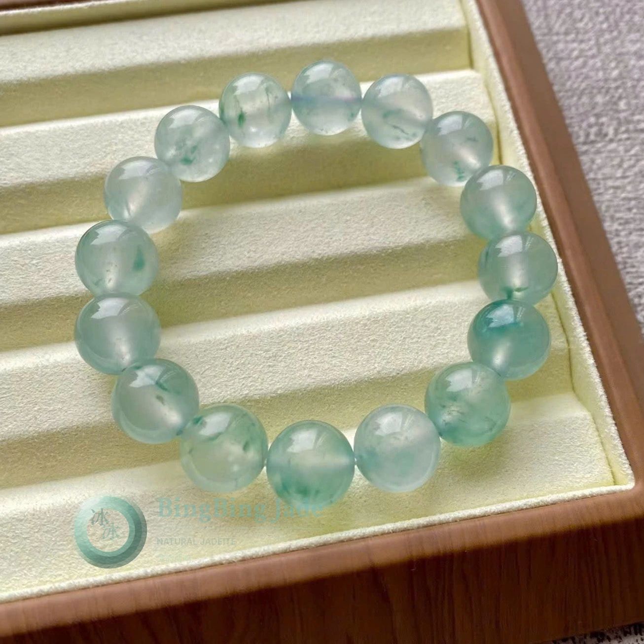 Icy Dewdrop Floating Green Jadeite Bracelet 12.6mm