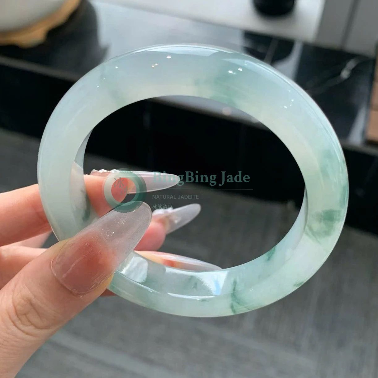 Icy Pale Celadon with Scattered Emerald Wisps Bangle