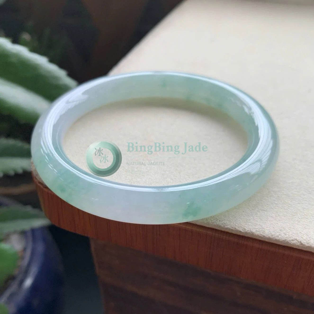 Pale Aqua with Drifting Green Wisps Bangle 54mm