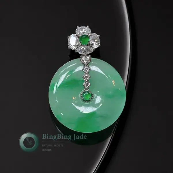 Luminous Spring Green Jadeite Ping An Kou Pendant with 18K Diamond Bail