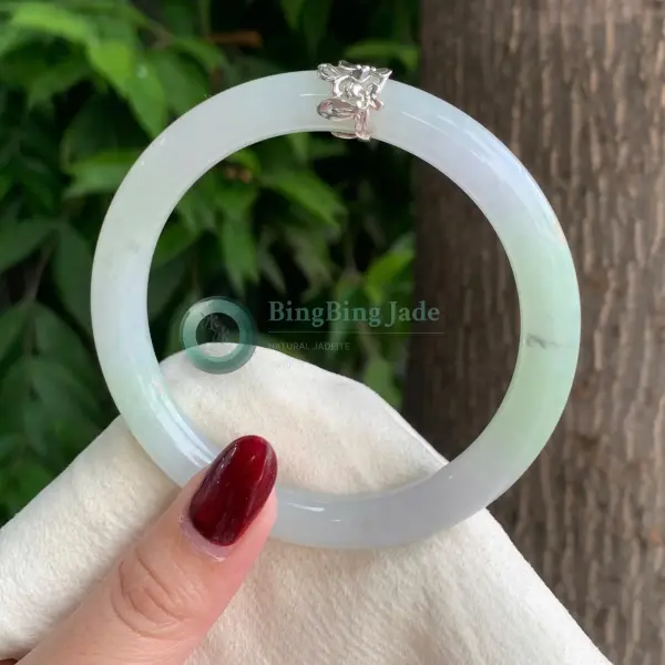 Pale Celadon Bangle with Silver Blossom Accent — 59mm