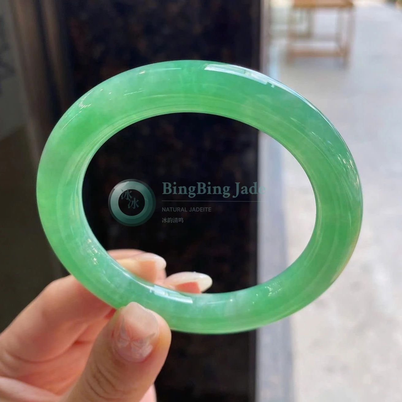 Vivid Spring Green Jadeite Bangle 54mm — Lush Saturation with Gentle Glow