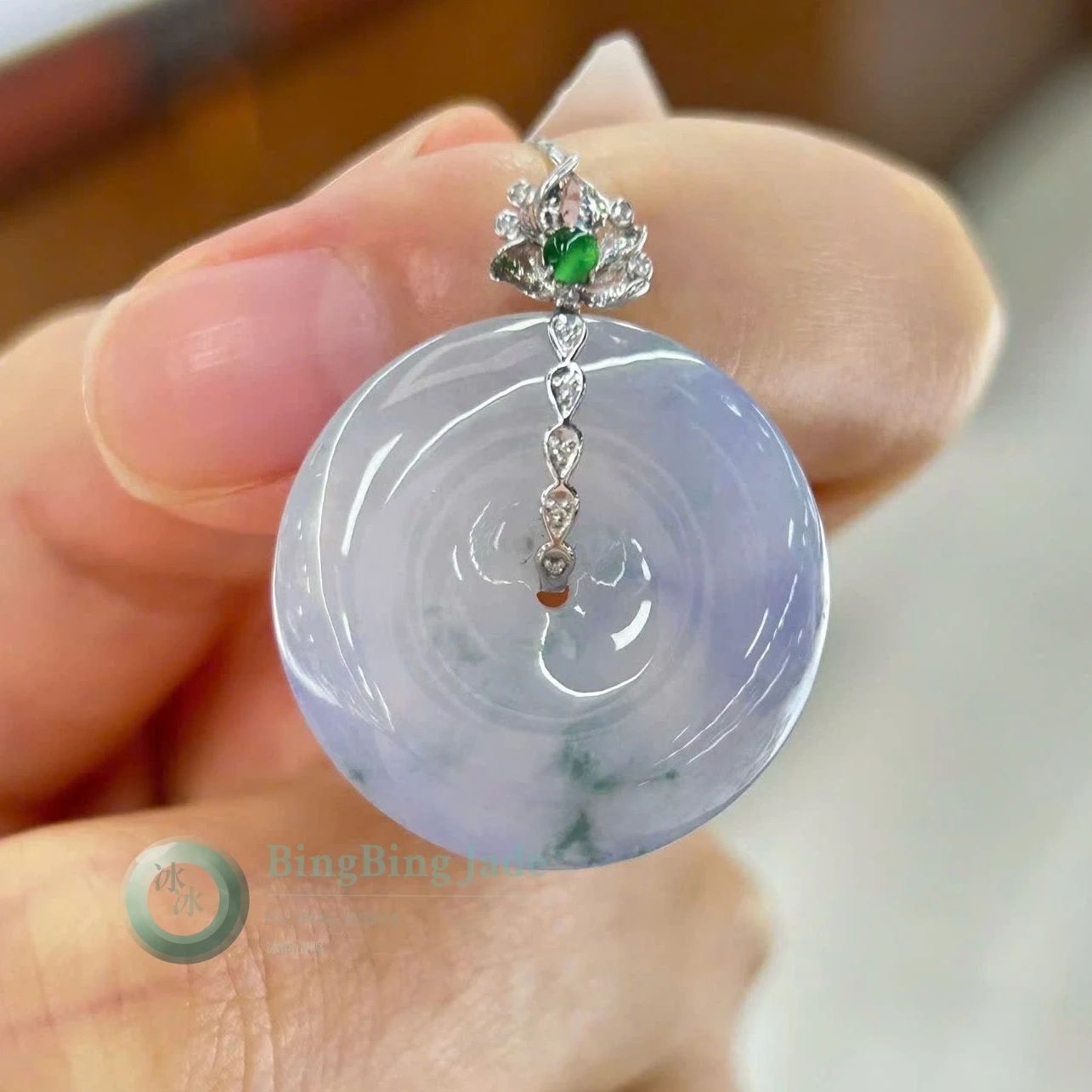 Lavender Mist Donut Pendant with Floating Green Wisps in 18K Gold Bail