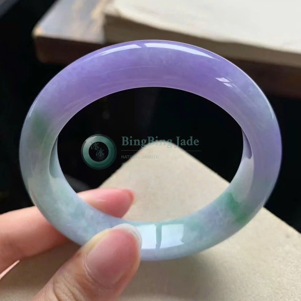 Lavender Dream with Floating Green Whispers — Jadeite Bangle 53mm
