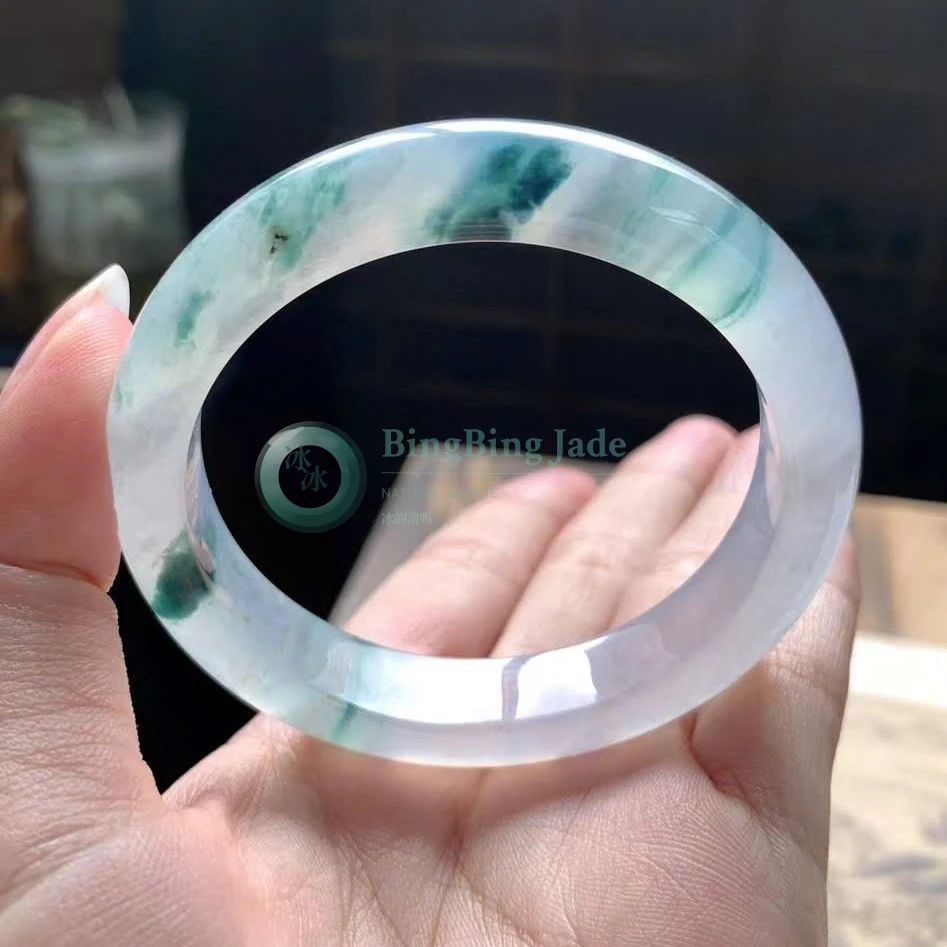 Icy Lavender Bangle with Floating Emerald Blooms 52mm