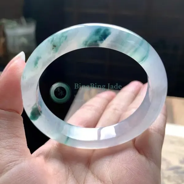 Icy Lavender Bangle with Floating Emerald Blooms 52mm