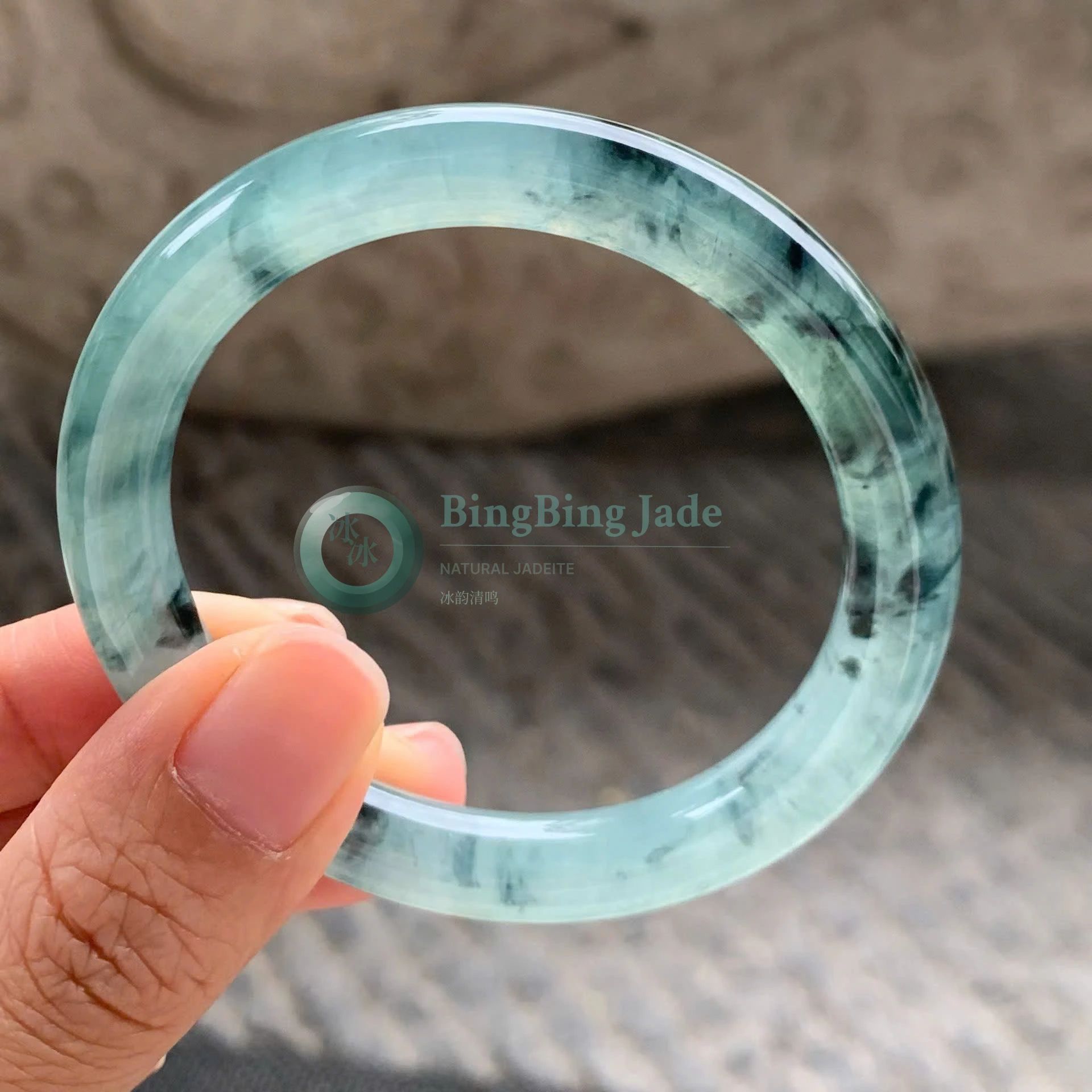 Icy Blue-Green with Ink Splash Accents Bangle 50.6mm