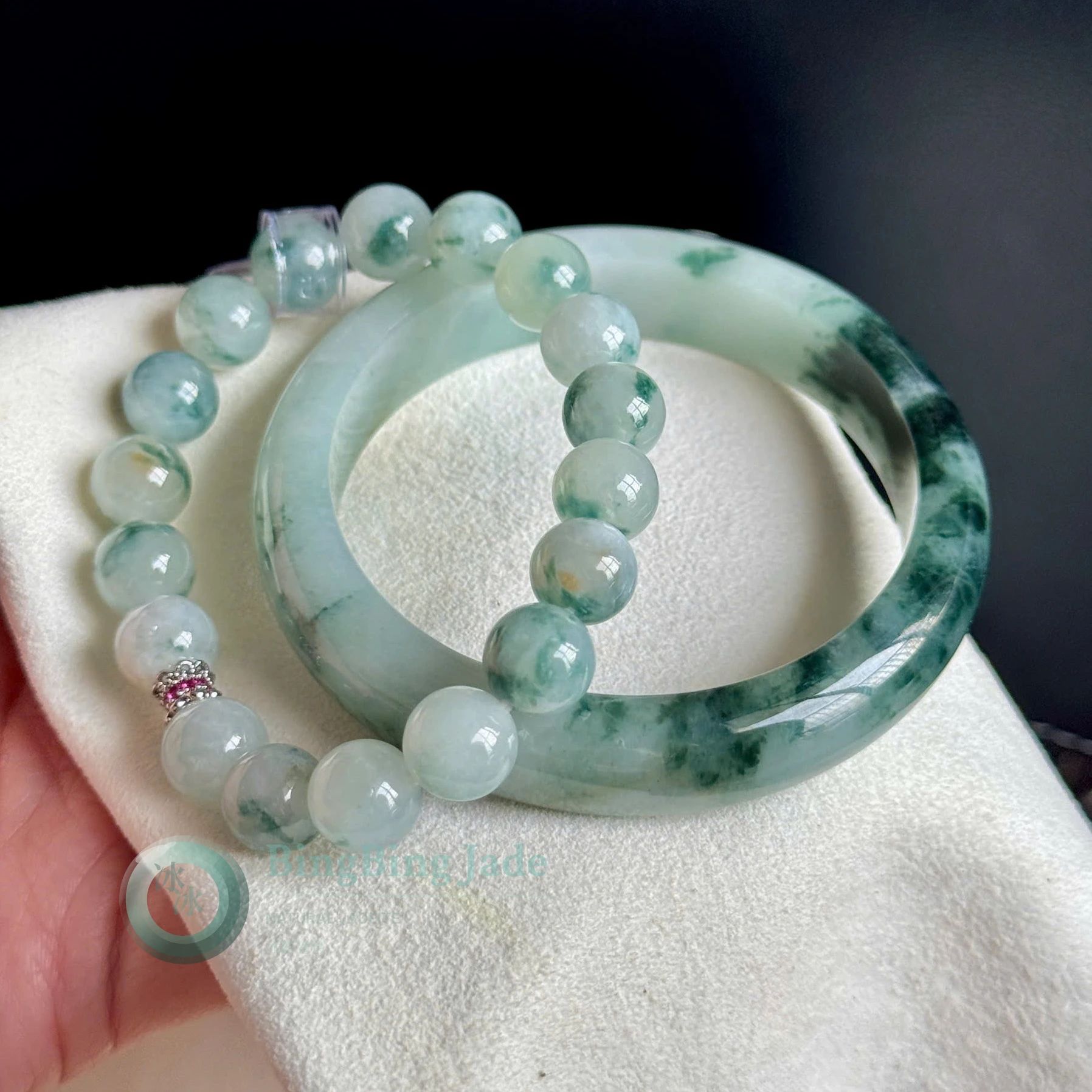 Misty Moss Floating Green Jadeite Bangle & Bead Bracelet Set