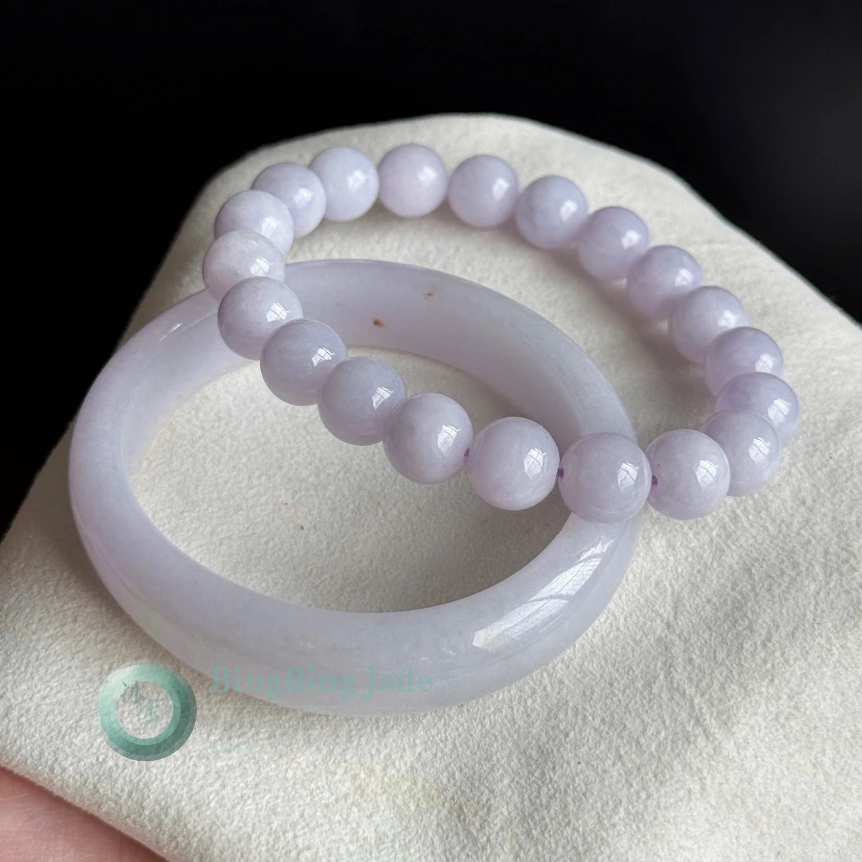 Lilac Rose Jadeite Bangle & Bead Bracelet Combo ~52mm