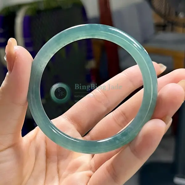 Snowfall in Winter Sky — Icy Blue-Green Jadeite Round Bangle 52.5mm