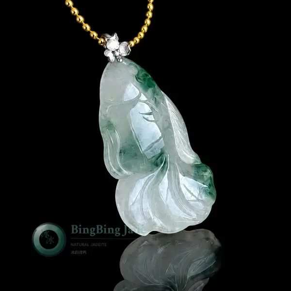 Icy Glutinous Koi Fish Pendant with Floating Emerald Wisps — 18K Gold Bail